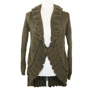 John Fashion Cardigan Sweater Open Front Draped Ruffles Knit Green Brown